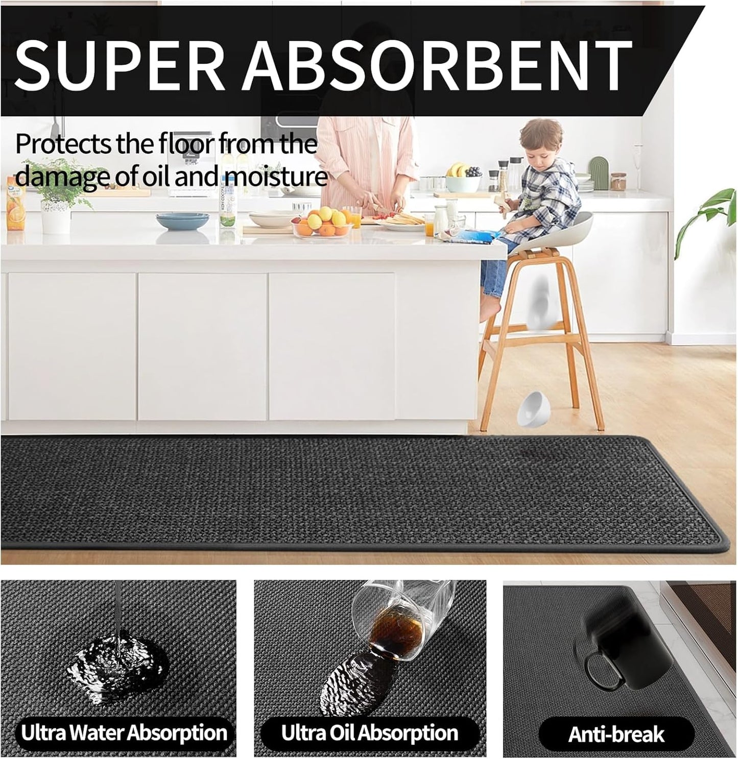 Kitchen Mats for Floor, Super Absorbent Kitchen Rugs Non Slip Washable, Soft Imitation Linen Braided Kitchen Runner Rug, Standing Mat Kitchens Sink Mat, Easy to Clean, Black 17x71