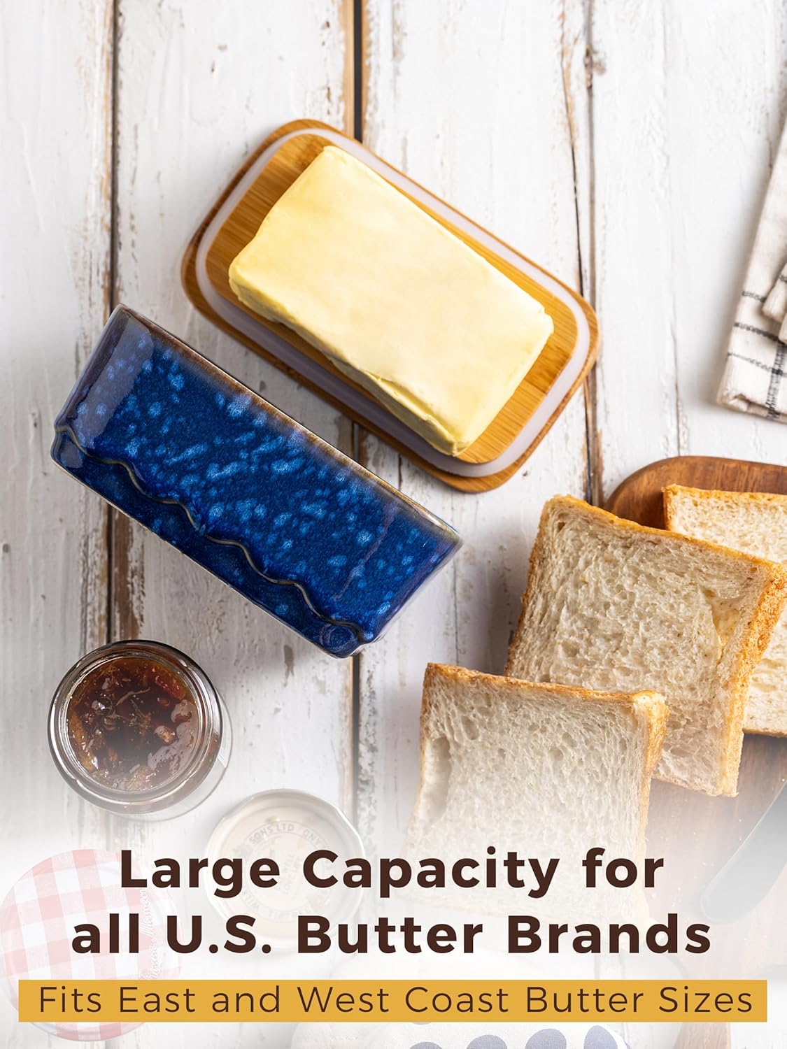 Ceramic Butter Dish with Lid, Covered Butter Dish for Countertop, Airtight Butter Holder Crock with Airtight Seal, HoneyBee Kitchen Decor, Blue