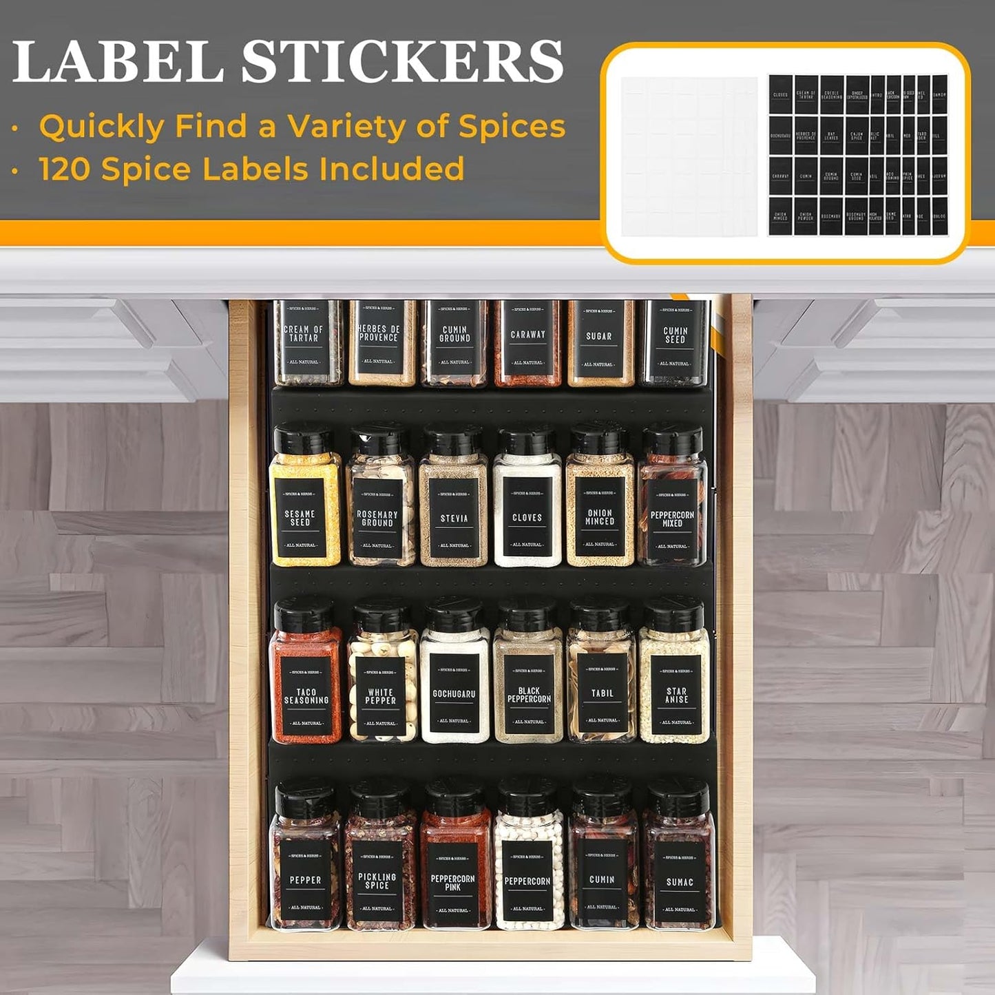 Famhap 6 Pack Spice Drawer Organizer with Labels and 36 Plastic Jars, Expandable from 11.7" to 23.2" Seasoning Rack Tray Insert for Kitchen Drawers, Spice Rack Drawer for Spice Jars