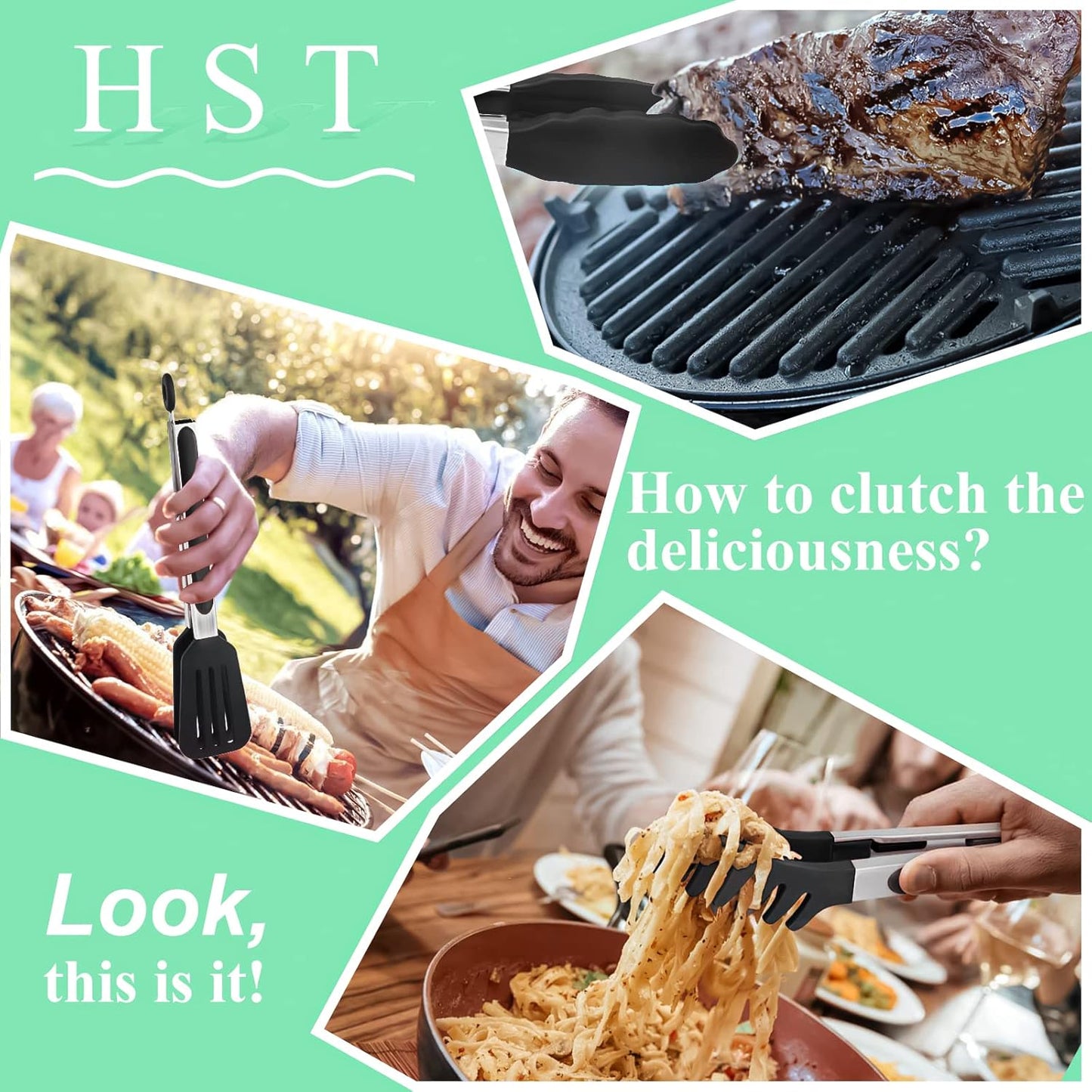 HST Tongs for Cooking with Silicone Tips(3 Pack), Non Stick Kitchen Tongs with Silicone Tip for Cooking BBQ Baking (12", Black)