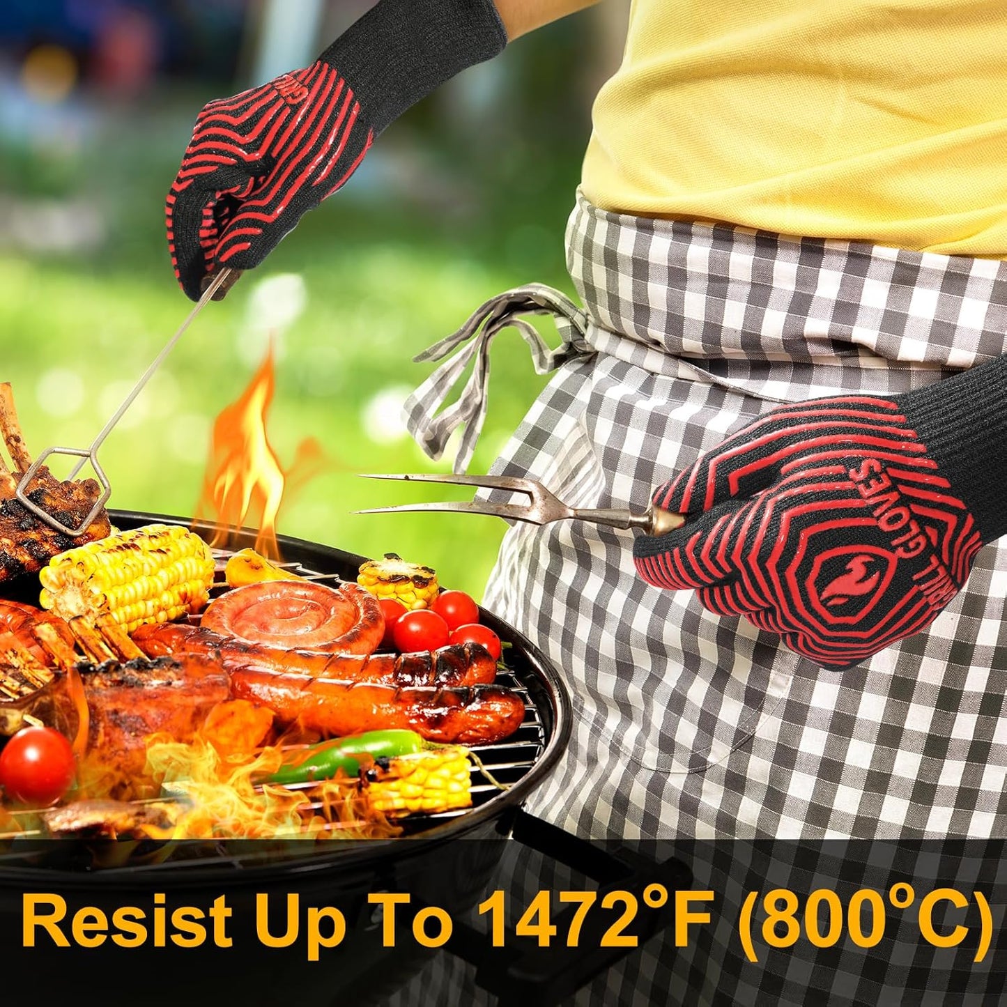 BBQ Gloves, BBQ Accessories 1472℉ Extreme Heat Resistant, Grilling Gloves Silicone Non-Slip Oven Mitts, Kitchen Gloves for BBQ, Grilling, Cooking, Baking-1 Pair 14inch