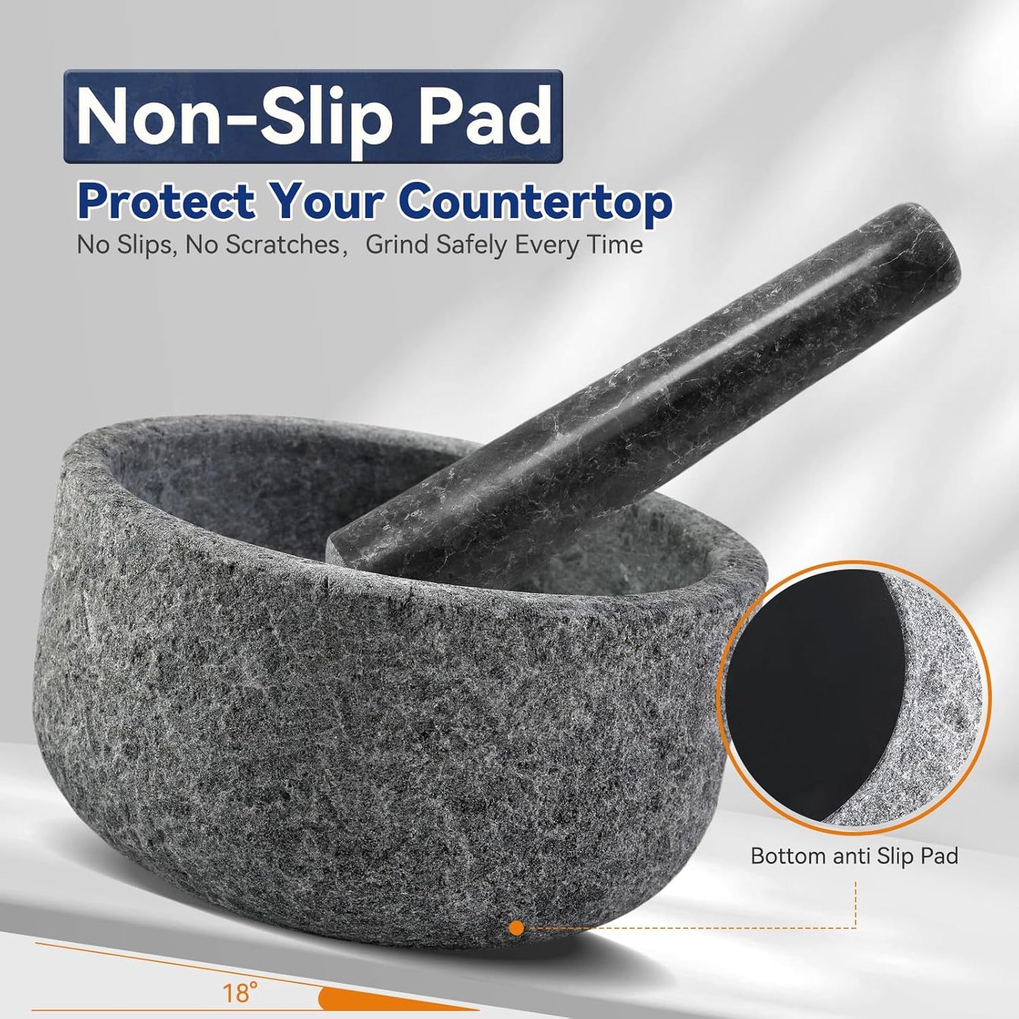 Koville Granite Mortar and Pestle Set, 6.3"-2 Cups Unpolishesd Stone Grinder Bowl for Guacamole, Salsa, Pill Crusher, Spice, Herb, Garlic, Nut, Heavy Duty Grinder for Kitchen(Angola Silver Black)