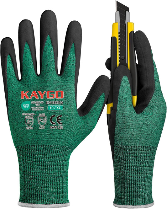 KAYGO Safety Work Gloves MicroFoam Nitrile Coated, 3 Pairs KG18N, Cut Resistant Glove with Abrasion and Oil Resistant Grip, ANSI Cut Level A2, XL, Green