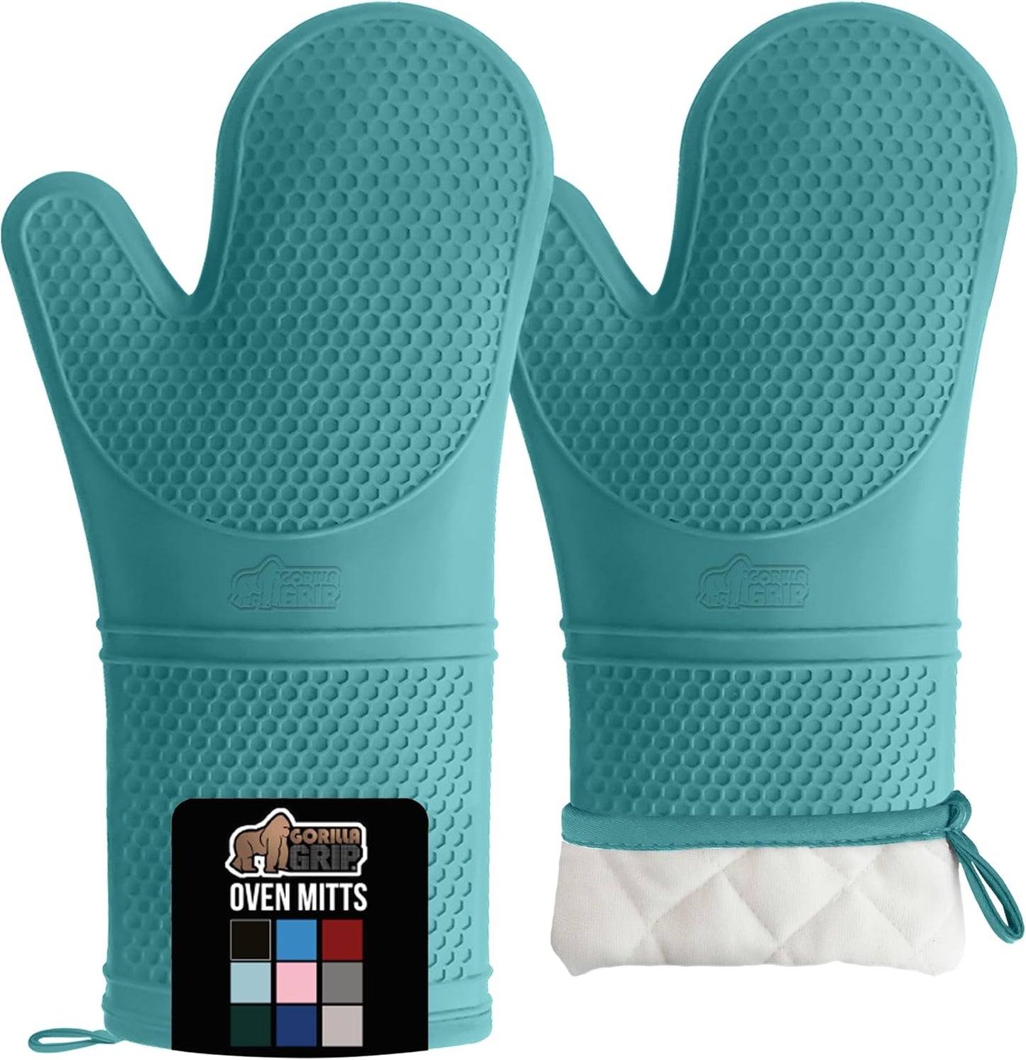 GORILLA GRIP BPA-Free Soft Silicone Oven Mitts, 14.5x8.3, Heat Resistant and Waterproof Cooking Gloves, Thick Cotton Lining, Flexible Gripping for Baking Grilling, Kitchen Potholders Set, Turquoise