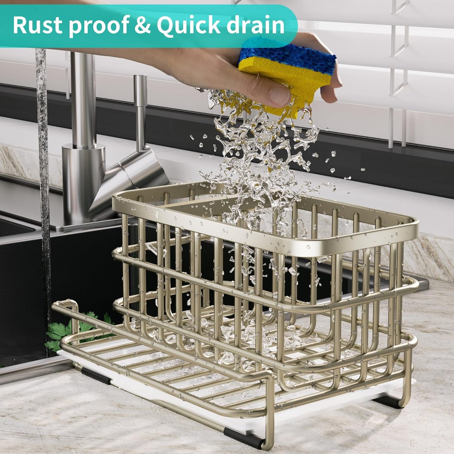 HapiRm Kitchen Sink Caddy Organizer - Versatile Sponge Holder with Drain Tray, SUS304 Stainless Steel Rustproof Kitchen Sink Organizer Storage for Countertop- Brushed Nickel