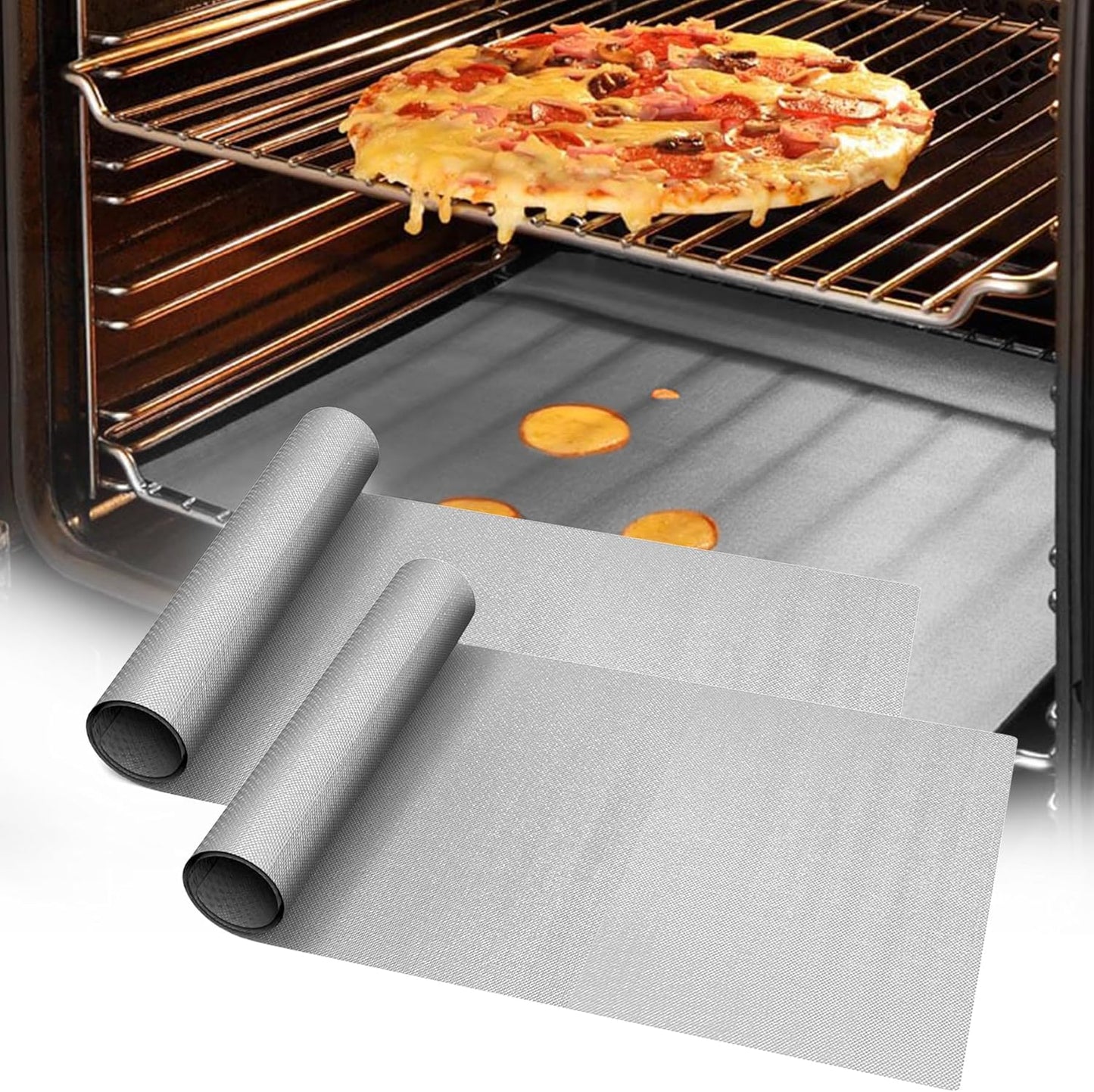 UBeesize 2 Pack Thickened Silver Oven Liners for Bottom of Oven BPA & PFOA Free, Reusable 16x24 Inch Heavy Duty Non Stick Teflon Oven Mats, Fit Electric Gas Toaster Convection Microwave Ovens Grills
