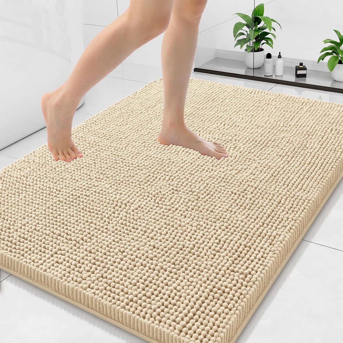 Arotive Bathroom Rugs 40x32, Extra Soft Absorbent Shaggy Chenille Bath Rugs, Machine Washable Rubber Backing Non-Slip Bath Mats for Bathroom Floor Tub and Shower, Home Decor Accessories, Beige