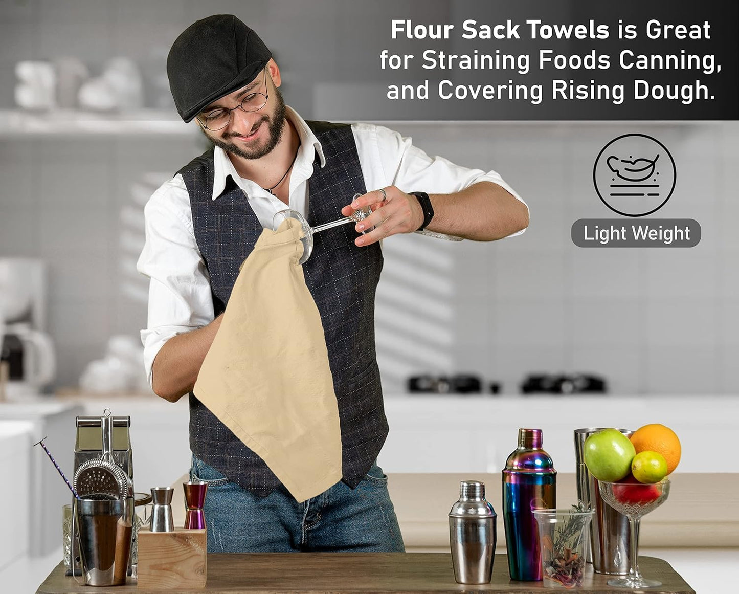 RUVANTI Flour Sack Towels 12 Pack 28 x 28 Inches, Ring Spun 100% Cotton Dish Towel, Machine Washable, Absorbent - Flour Sack Kitchen Towels for Drying and Cleaning - Camel