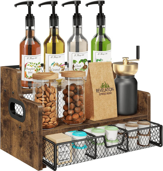 Homode Coffee Syrup Rack Organizer, 3-Tier 8 Bottles Syrup Holder Stand with 35 K Cup Storage Basket Drawer for Coffee Bar, Wood Liquor Shelf Wine Rack Countertop for Home, Rustic Brown