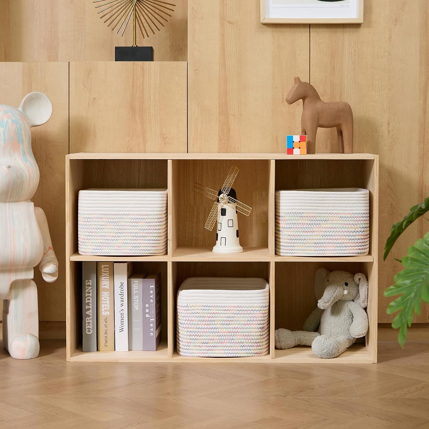 Small Organizing Baskets for Cubes Shelf, 9.7x9.7x7.1 Inch Rope Woven Storage Bins for Nursery Shelves Storage, Cute Toy Basket, Square 3 Packs Off White Rainbow