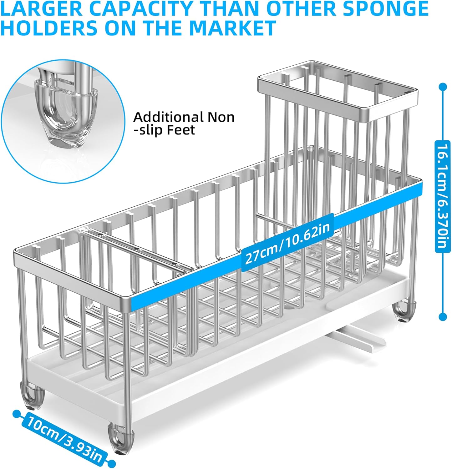 Moforoco Larger Version Sponge Holder for Kitchen Sink, Sink Caddy with High Brush Holder, Kitchen Sink Organizer Countertop Rustproof 304 Stainless Steel (Stainless Steel)