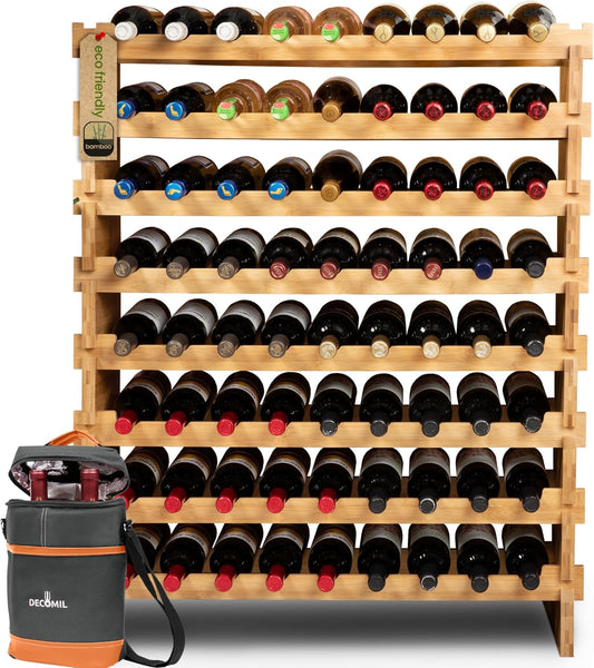 Stackable Bamboo Wine Rack for 72 Bottle, 8-Tier and Sturdy, Free Standing, Modular Wine Storage, Wine Bottle Storage for Cellar, Kitchen and Dining Room (72 Bottle)