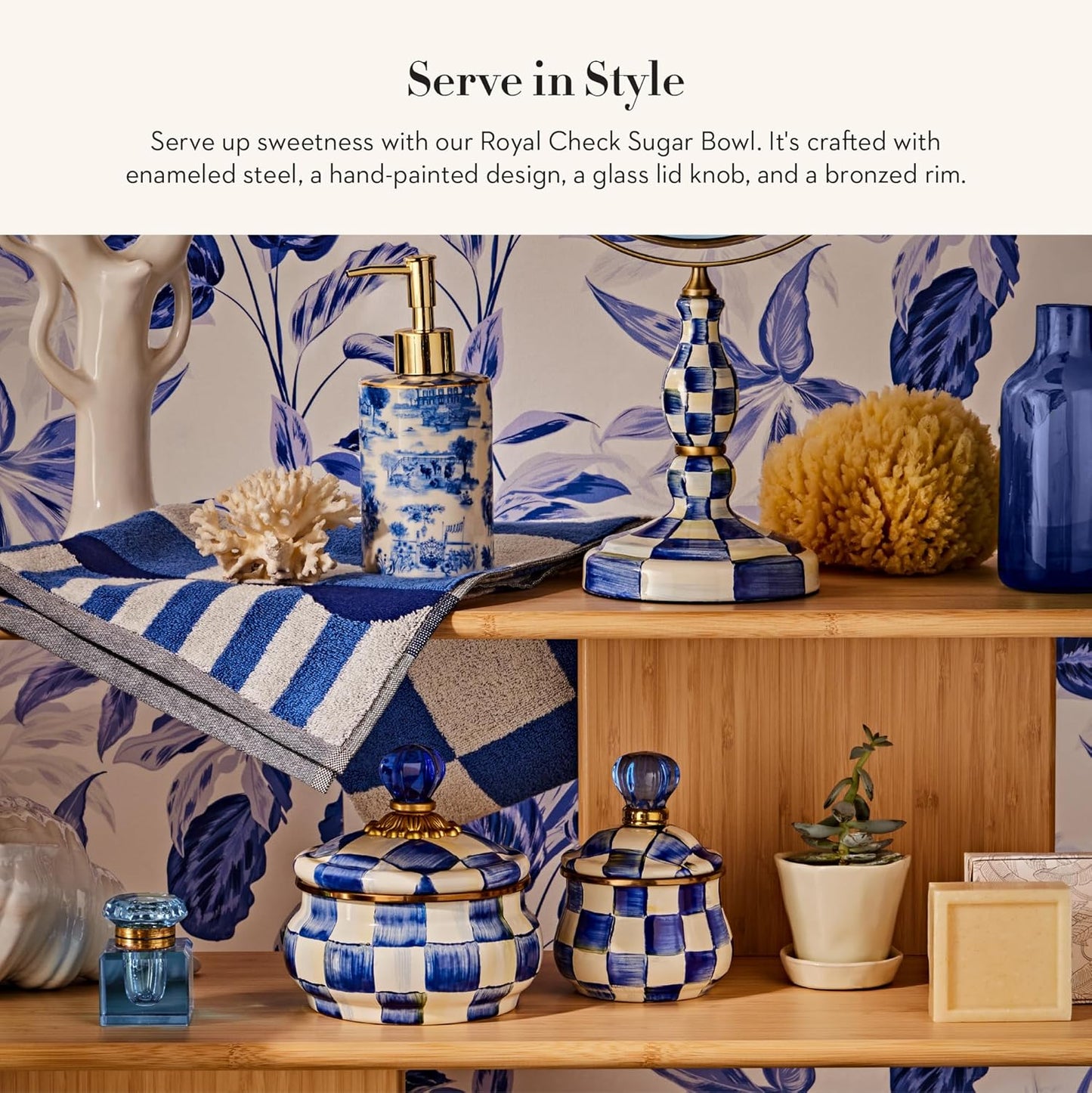 MACKENZIE-CHILDS Enamel Lidded Sugar Bowl, Small Serving Bowl with Lid, 10-Ounce Capacity, Blue-and-White Royal Check