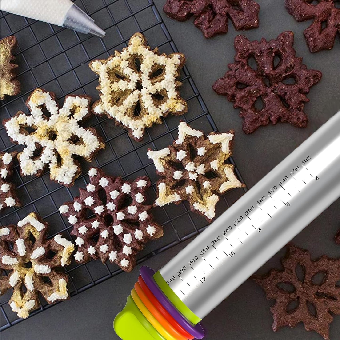 Stainless Steel Rolling Pin with Thickness Rings for Fondant, Pizza, Cookie, Pastry, Pie,Roller Rod for Dough Thickness,Rolling Pin for Baking, 13.6" with 4 Thickness Rings and Wooden Stand