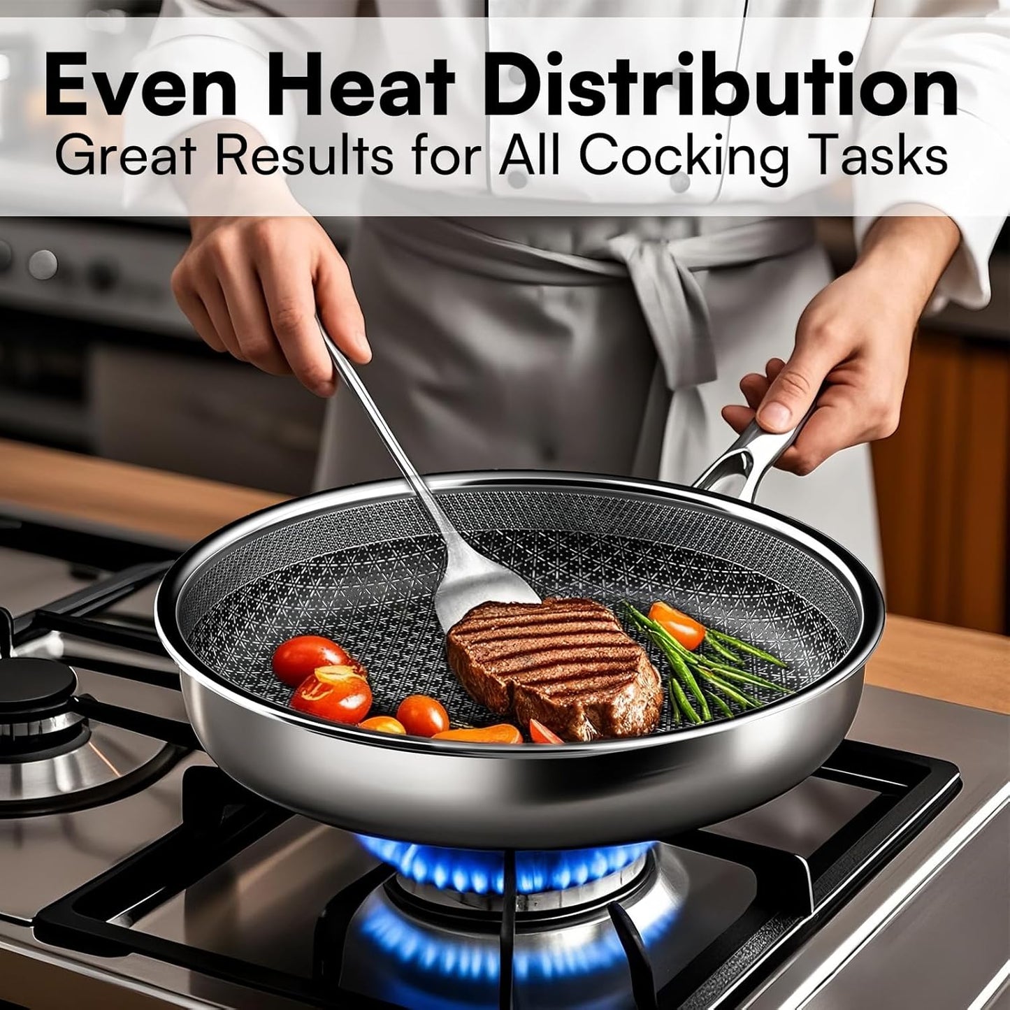 Non Stick Frying Pans Set with 3 Lid, Non-Toxic Hybrid Pans Set Nonstick (8+10+12inch),Pan for cooking, nonStick Cookware, Dishwasher and Oven-Safe Cookware Sets, Stainless Steel Skillets