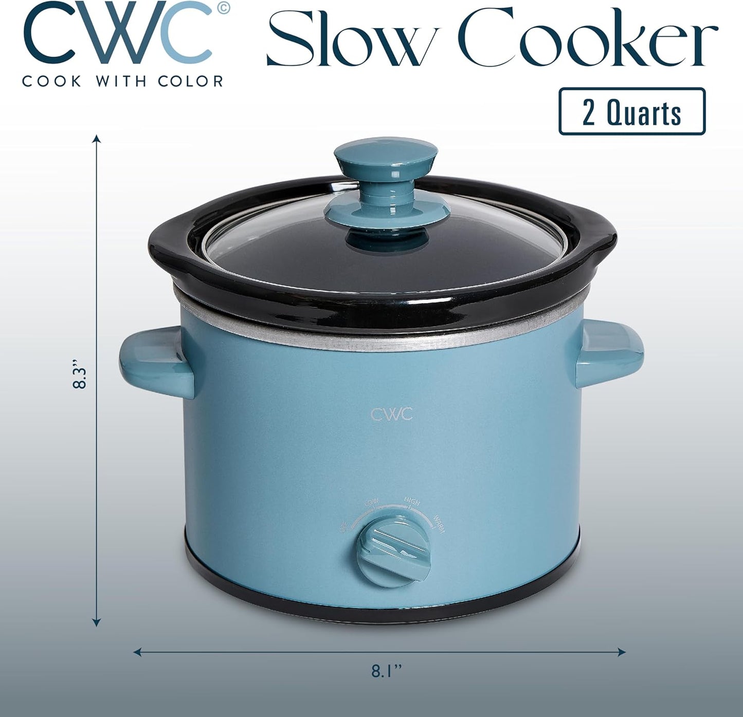 COOK WITH COLOR 2QT Mini Electric Round Slow Cooker - Adjustable Settings, Removable Stoneware Pot, Tempered Glass Lid, Dishwasher Safe, Cool-Touch Side Handles, Slate Blue