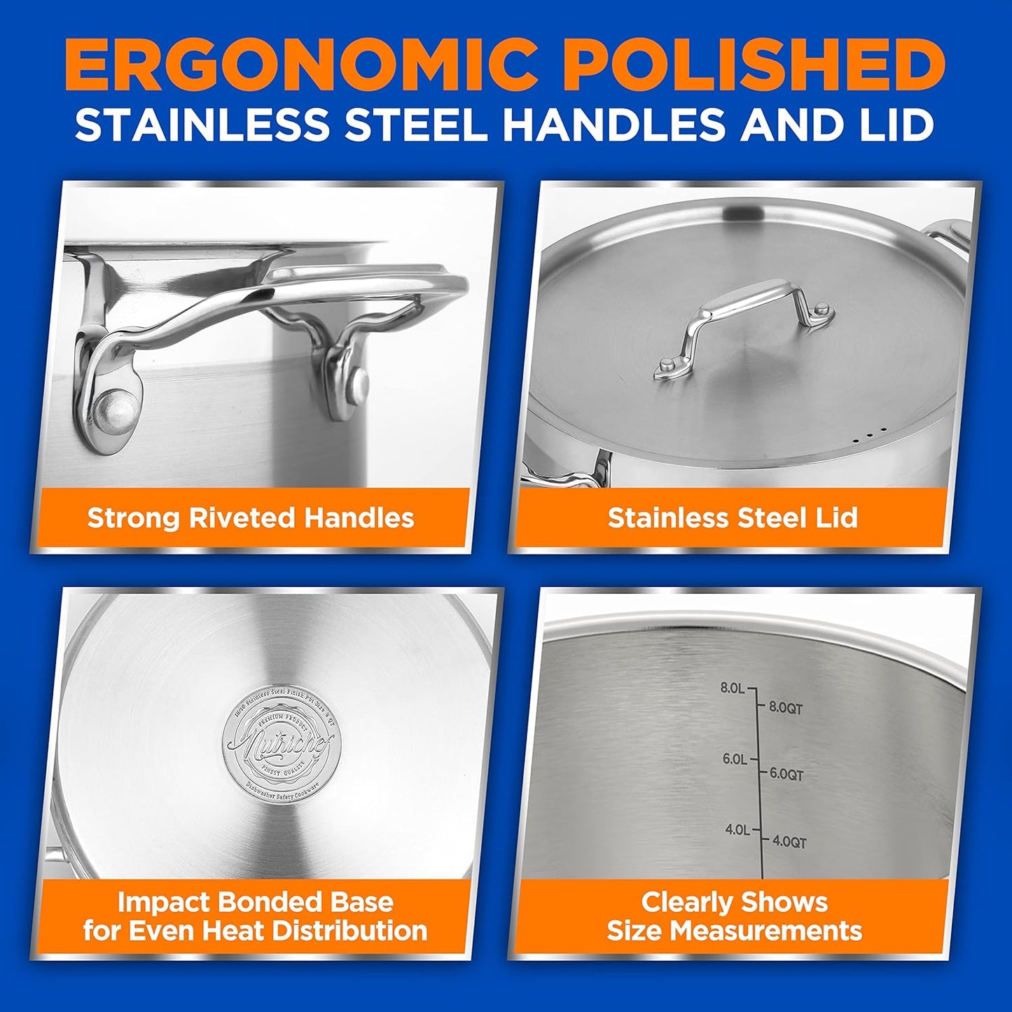 NutriChef 8 Qt Heavy-Duty Stockpot with Stainless Steel Lid - Induction Compatible Cooking Pot, Ideal for Soups and Stews