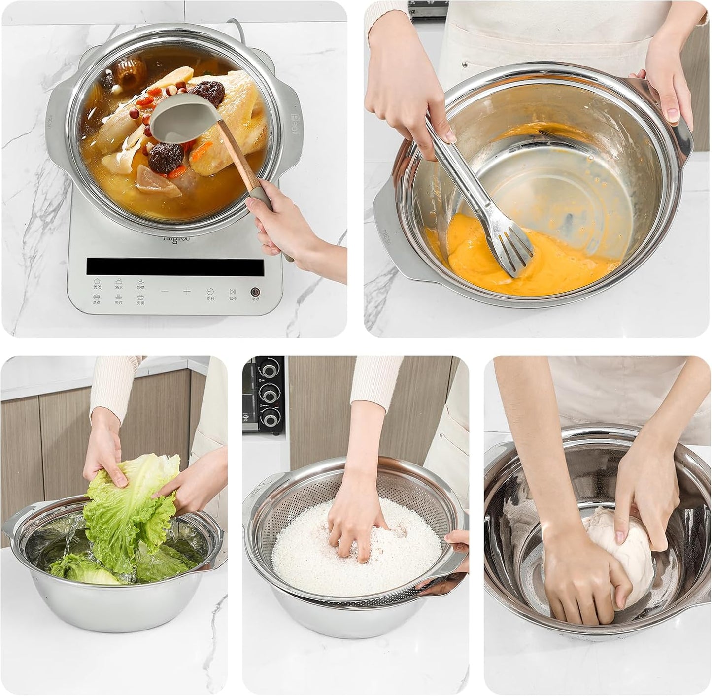 304 Stainless Steel Microporous Colander with Handle, Rice Washers Microporous Strainer Set For washing vegetables, fruits and rice, and draining cooked pasta(4QT with handle-Gold)