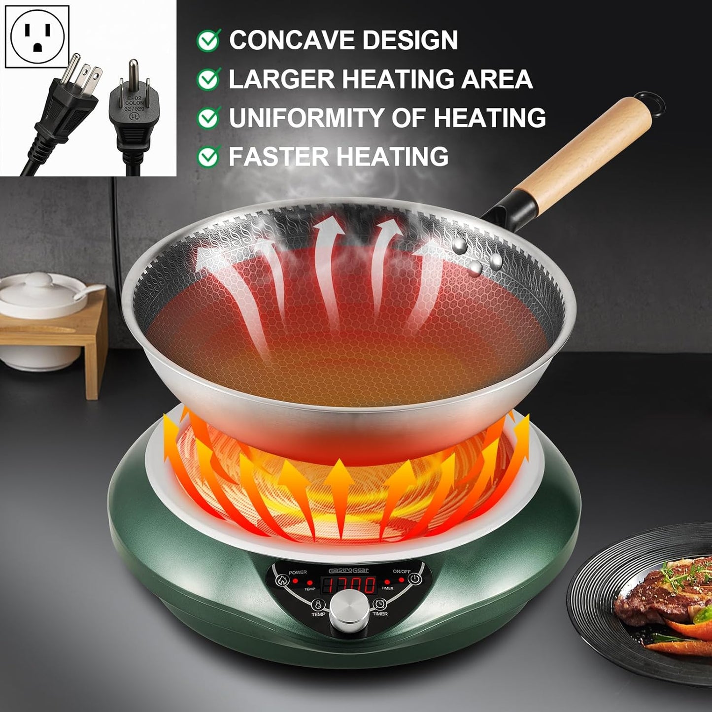 Induction Wok Pan Cooktop 1700W (85V~175V) 16 Levels Temperature & Power Control Induction Wok Burner with 18 Hours Timer, Auto-off, Fast & Even Heating Concave Electric Stove (Green)