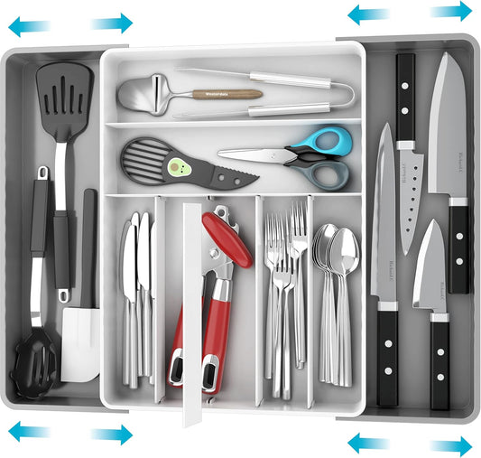 Simple Houseware Expandable Kitchen Drawer Flatware Organizer, Gray/White