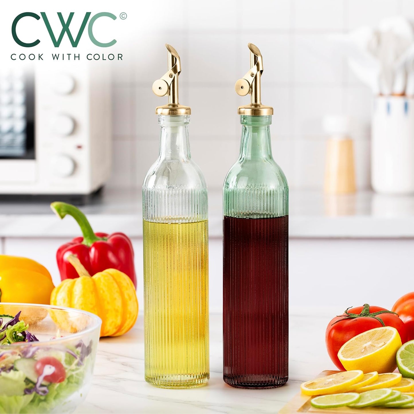 COOK WITH COLOR Glass Olive Oil Bottle Dispenser - 2 Pack- 17oz Oil and Vinegar Cruet - Olive Oil Carafe Decanter for Kitchen