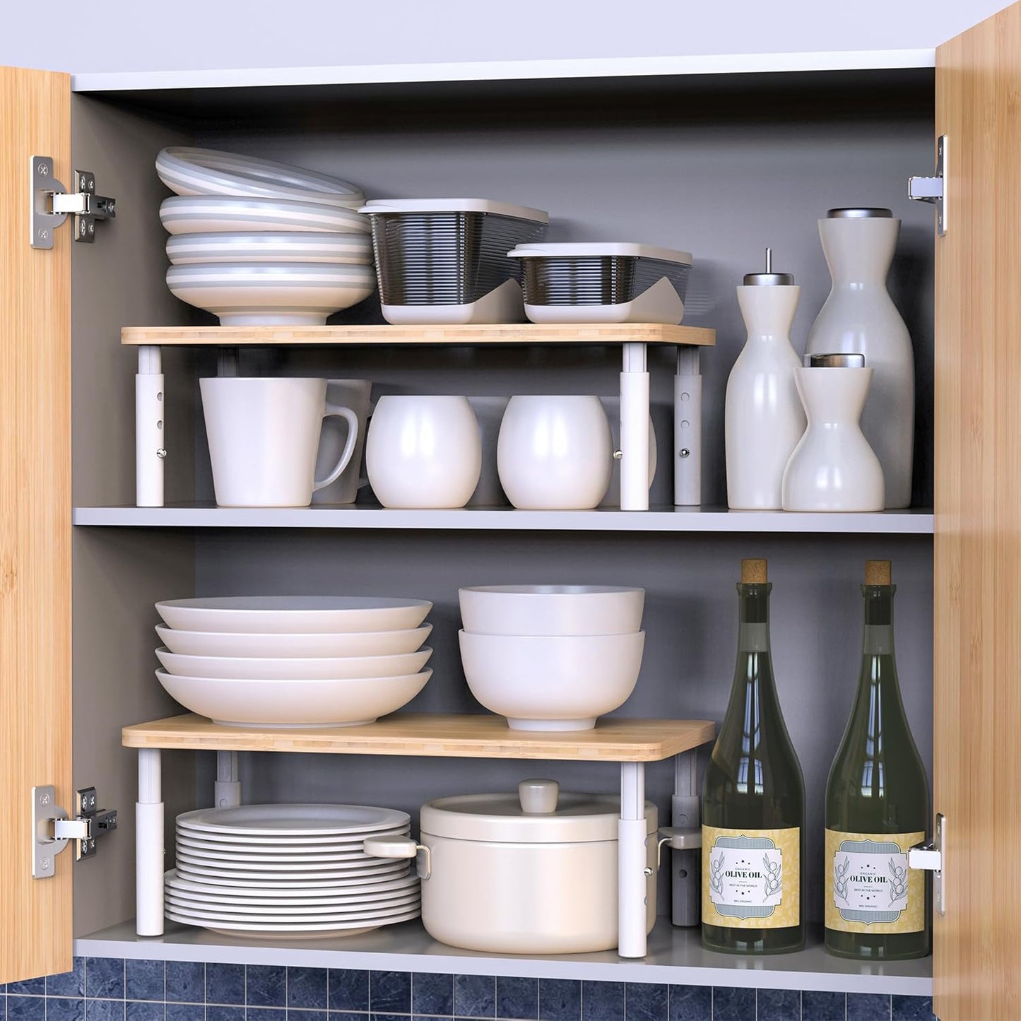 Cabinet Organizer Shelf, Spice Rack Set of 2 Kitchen Pantry Cupboard Shelves, Stackable, Height Adjustable, Natural Bamboo (15.6" Wx77.Dx6.57 H per Pack)