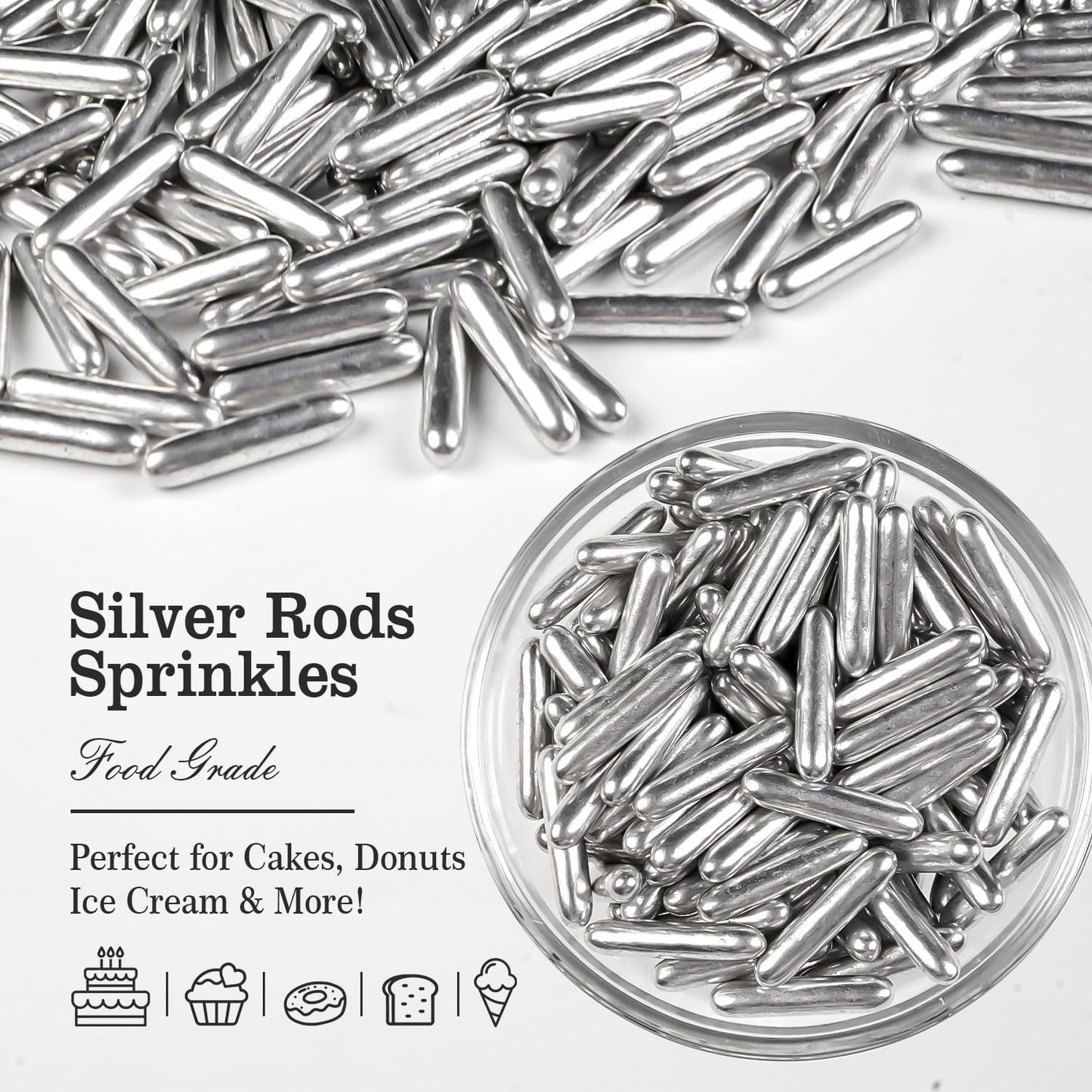 Silver Rods Sprinkles, Sugar Sprinkles For Cake Decorating, 150g/5.29oz, Food Grade, Ice Cream Decoration, Cupcake Toppers, Donuts, Cookies, Holiday, Birthday Party, Christmas Supplies