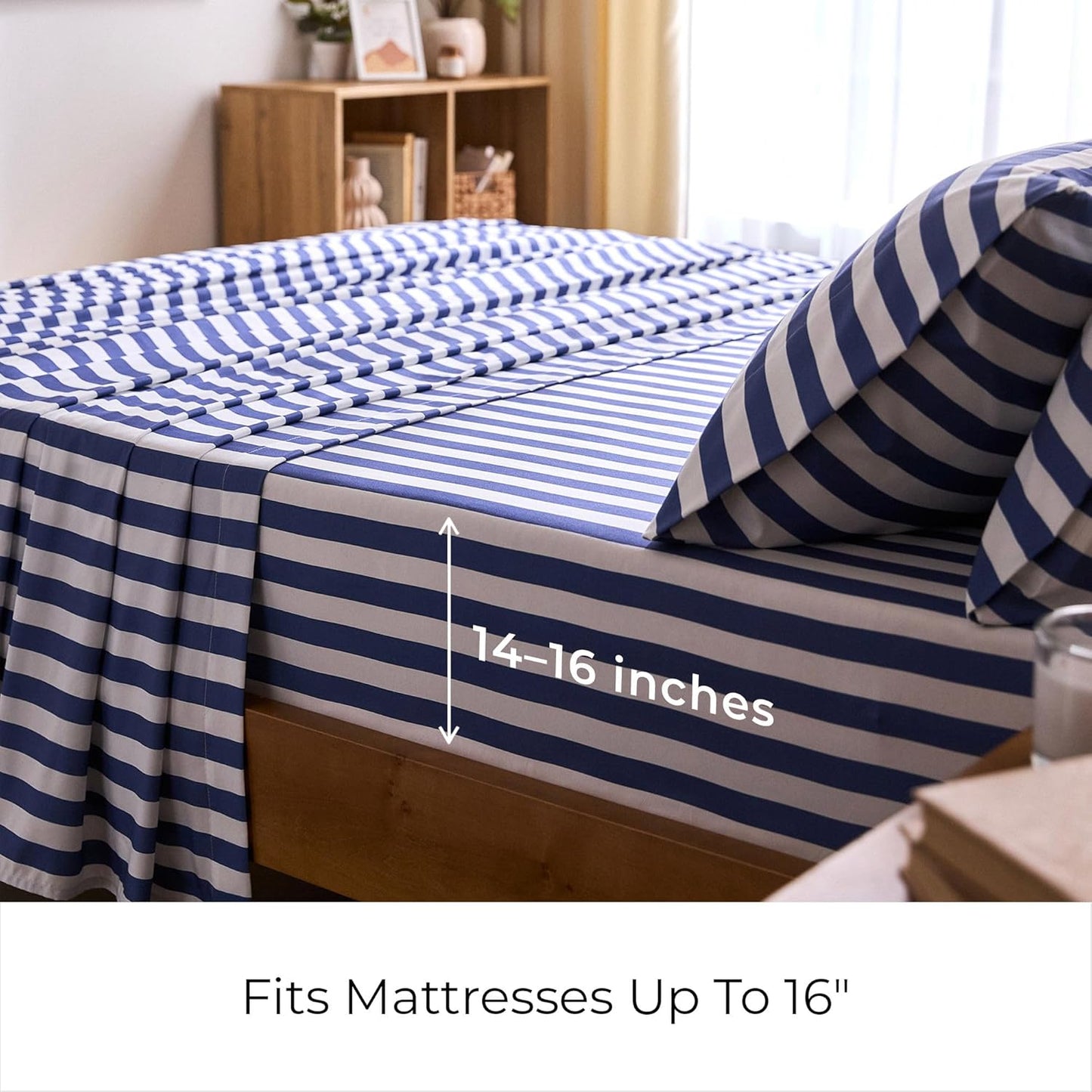 Mellanni California King Sheets Set - 4 PC Iconic Collection Bedding - Hotel Luxury, Soft, Cooling Bed Sheets - Wrinkle, Fade, Stain Resistant (Cal King, Oxford Stripe Blue Nova)