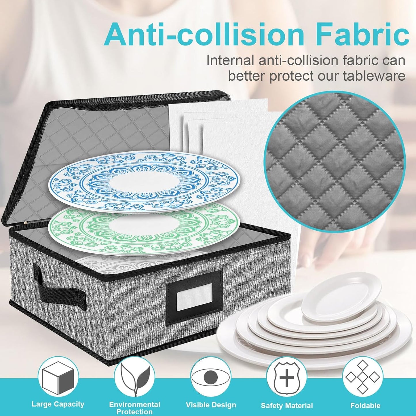 Quilted Platter Storage Case-Fine China Storage Containers Hard Shell for Organizing,Stackable Plate Storage Containers with 4 Felt Dividers,dinnerware Storage,Moving Box,Moving Supplies