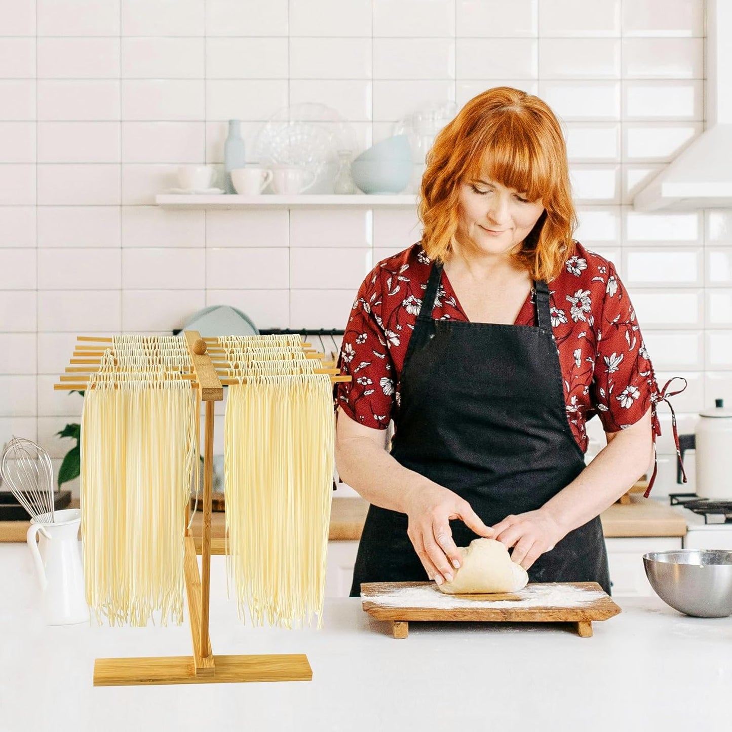 Bamboo-Pasta-Drying-Rack With Transfer Wand & 14 Arms, Large Tall Collapsible Fresh Pasta Dryer Holder For Homemade Noodle, Spaghetti, Tagliatelle, Detachable Fettuccine Hanger Stand With 14 Bars