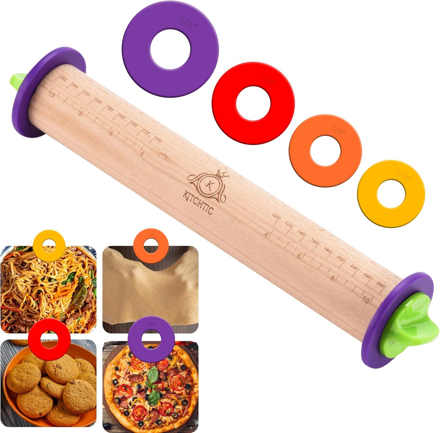 Kitchtic Rolling Pin with Thickness Rings - Adjustable Wooden Rolling Pin - Baking Essential and Roller Tool - Consistent Thickness - Easy to Clean - Beechwood Material - 13.7 x 2.75 x 2.75 inches