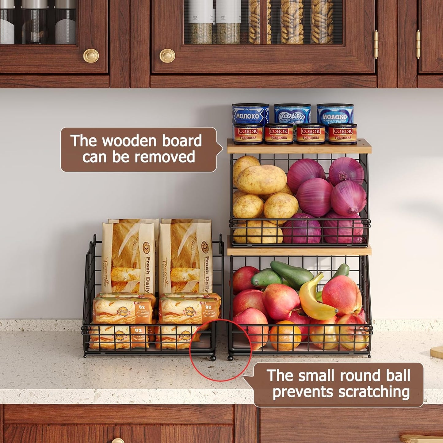 2 Set Stackable Wire Basket with Wooden Tops & Pad for kitchen organizers and storage, XXL Kitchen Counter Organizer for Fruit, Vegetable, Bread, Potato and Onion Storage Bin