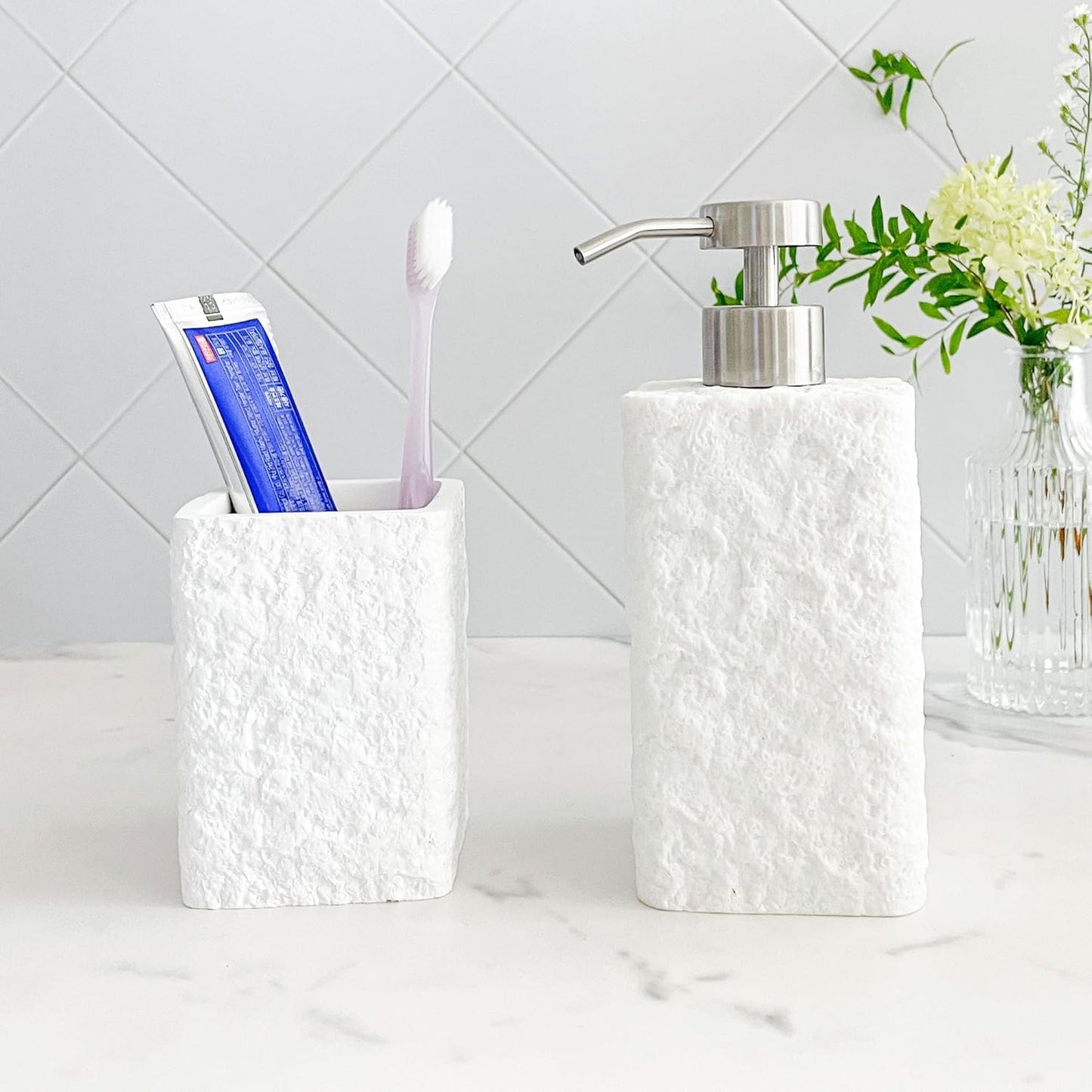 Lunestella White Textured Soap Dispenser with Stainless Steel Pump, Natural Stone Finish for Modern Farmhouse Bathroom, 12oz