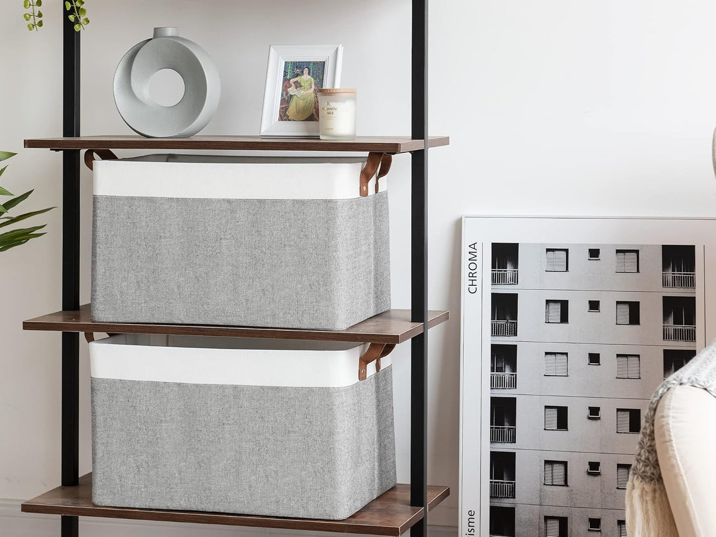 StorageWorks 45L Large Storage Bins for Closet and Shelves, Fabric Organizer Baskets with Metal Frame for Clothes, Towels, Collapsible Storage Basket, Gray and White, 2-Pack