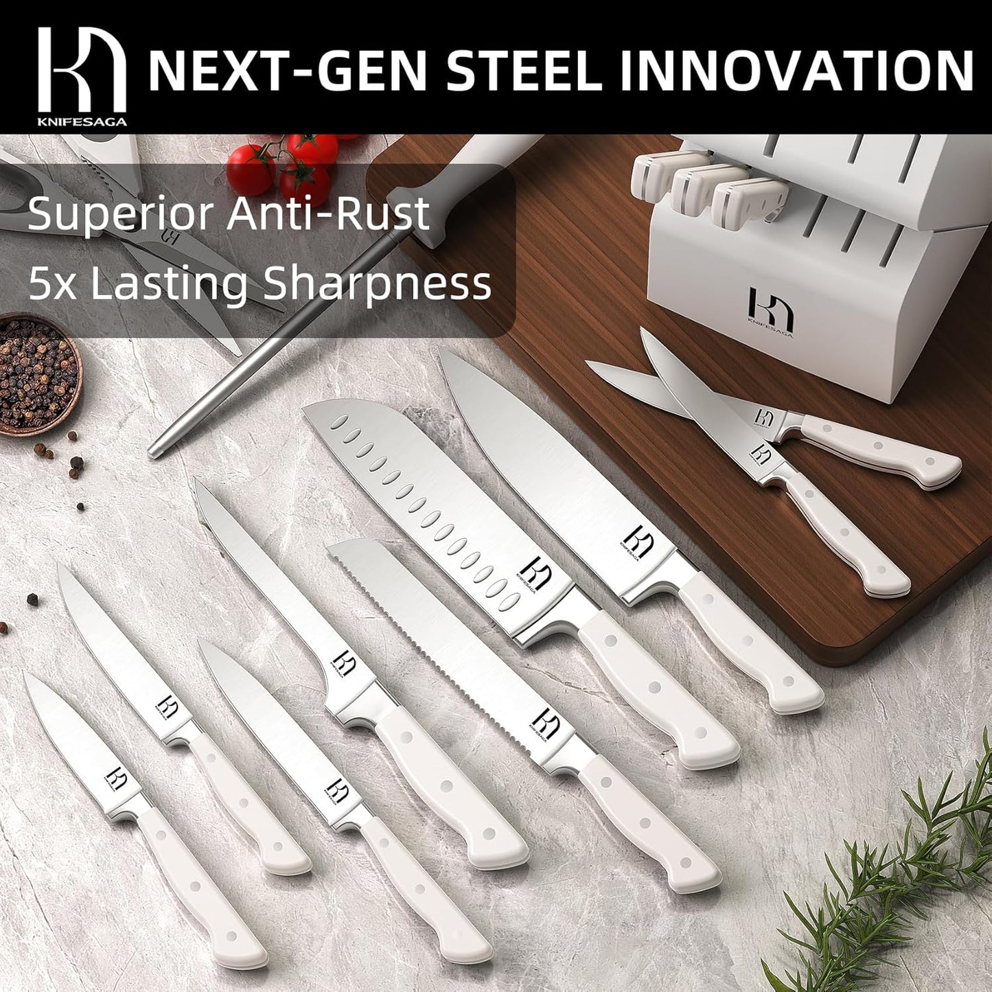 Kitchen Knife Block Set, 15-Piece Enduring Ultra Sharp Knife Set, Japanese High Carbon Stainless Steel, Premium Forged Knives for Kitchen and Professional Chefs, White