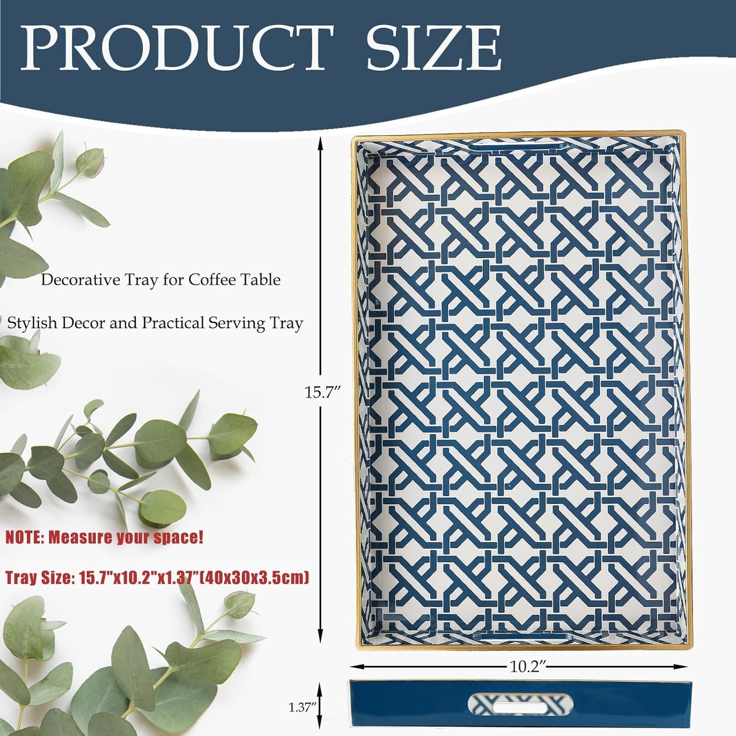 Spsyrine White Serving Tray, Plastic Marbling Tray for Coffee Table, Stylish Rectangular Decorative Tray with Handles, Ottoman Tray for Living Room, Bathroom, 15.6” X 10.2"