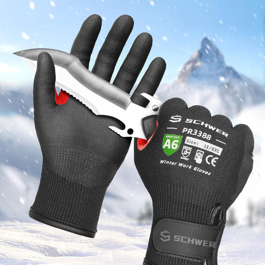 FreezeGuard Winter Work Gloves for Men and Women, ANSI A6 Cut Resistant Gloves With Super Grip, Freezer Glove for Work, Touchscreen, Thermal Insulated, PR3388, Non PFAS, Black Knight (XXL, 1 Pair)