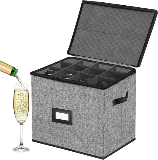 Champagne Flute Storage Box,Quilted Stemware Storage Box Hard Shell,Stackable Champagne Glass Container,Wine Glass, Crystal Glassware, Drinkware Case for Moving Transport(Grey)