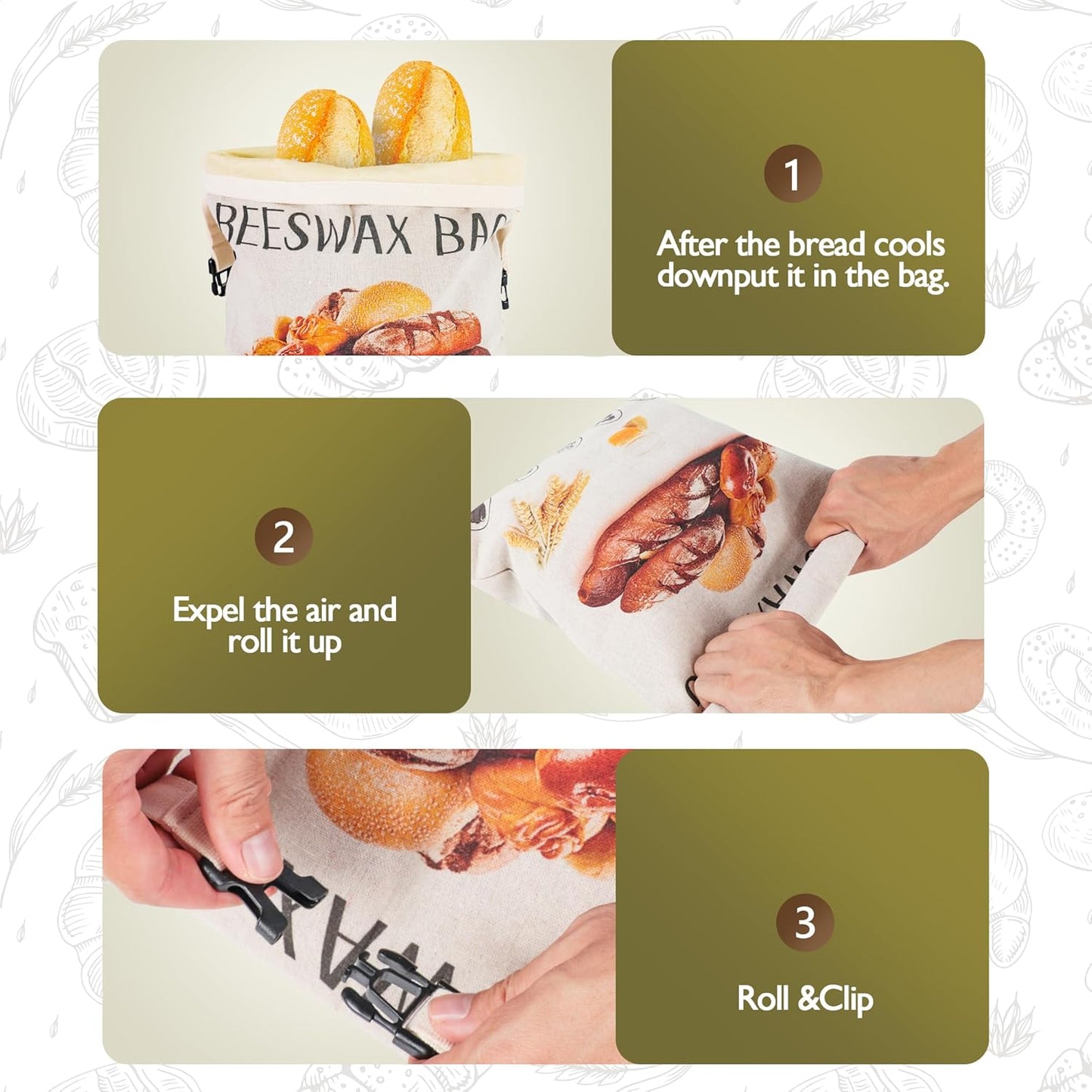 3-Pack Reusable Beeswax Bread Bags for Homemade Bread Sourdough, 2 Natural Beeswax 100% Linen Moisture-proof Lined Storage Bags with Buckle& 1 Bowl Covers –Keeps Bakes Fresh Longer (Bread print color)