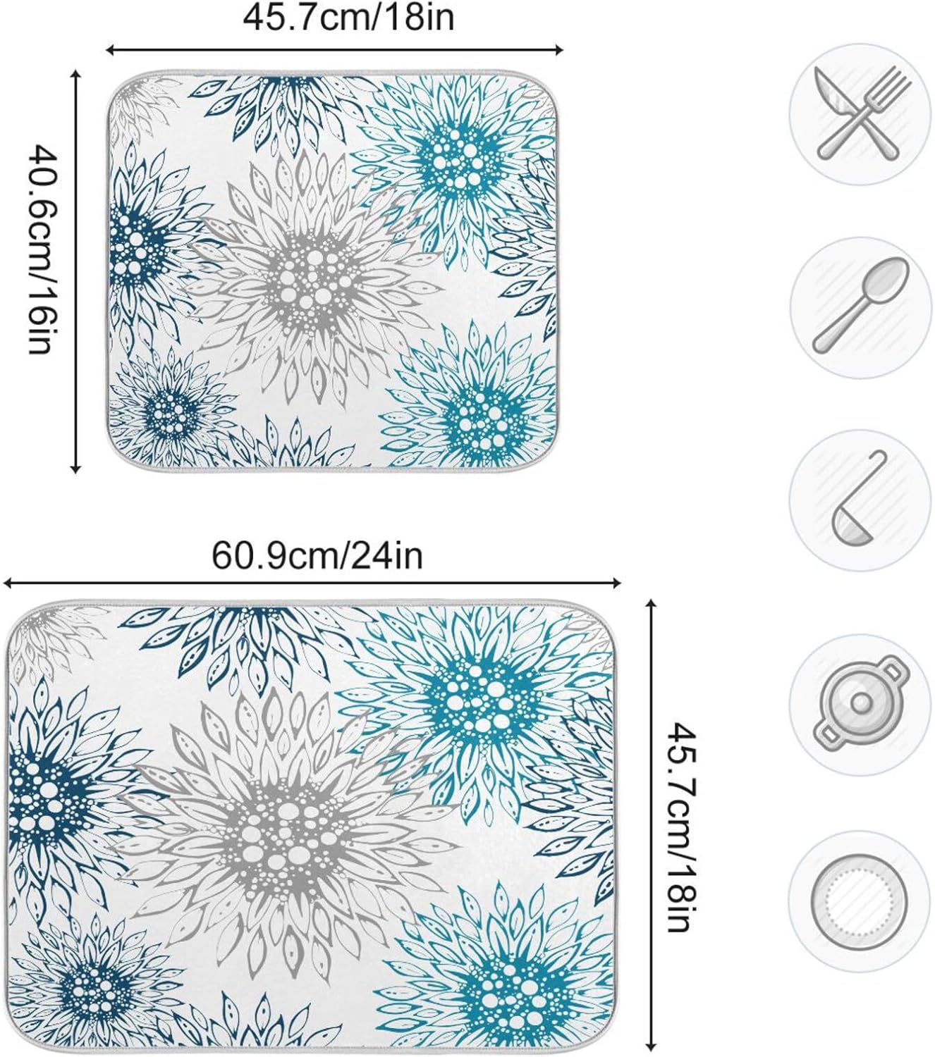 Abstract Flowers Sunflowers Dish Drying Mat for Kitchen Counter Absorbent Microfiber Drying Pad, Large 18x24 in, Blue White Reversible Drainer Mats