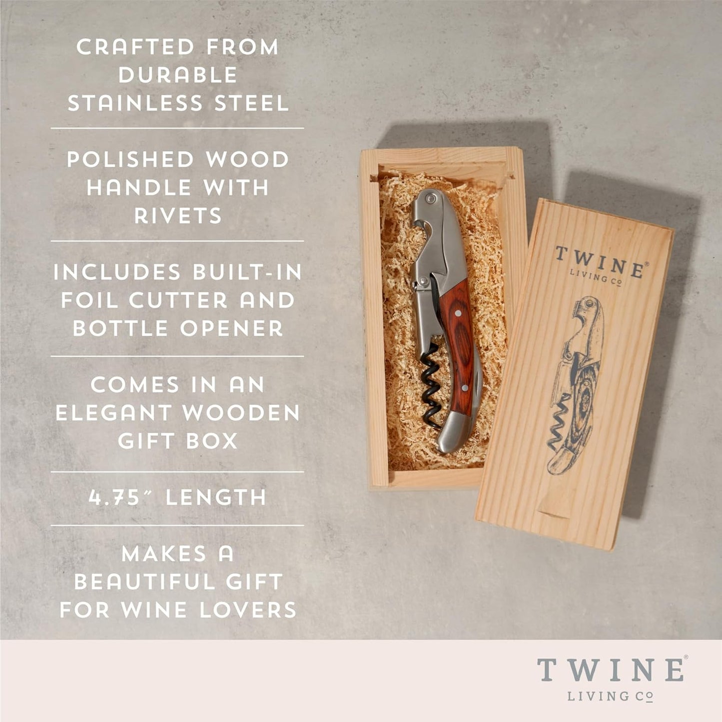 Twine Wood Handle Double HInged Corkscrew, Stainless Steel Wine Key with Foil Cutter