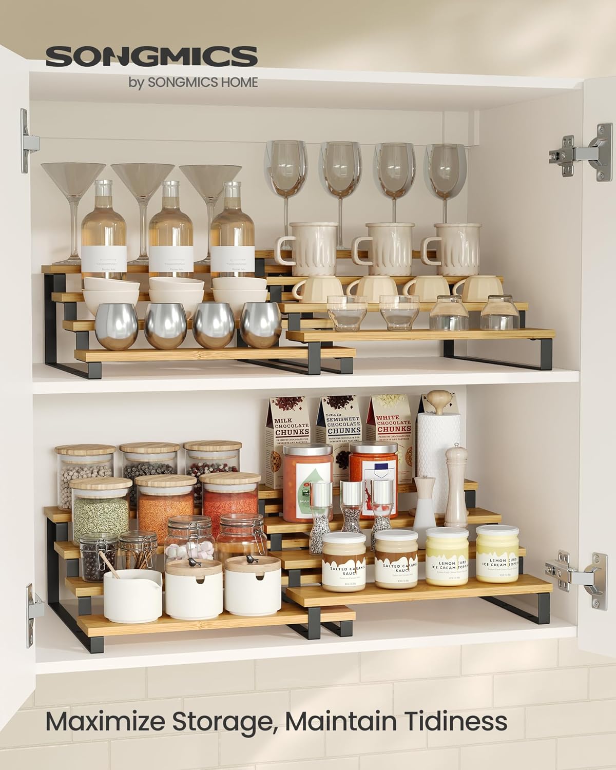 SONGMICS Display Risers, Set of 2 Engineered Wood Perfume Organizer Stand, 4-Tier Cupcake Stand Holder, Spice Rack, Shelf Risers for Figures, Dessert Shelves, Natural Beige and Ink Black UKCS216N01