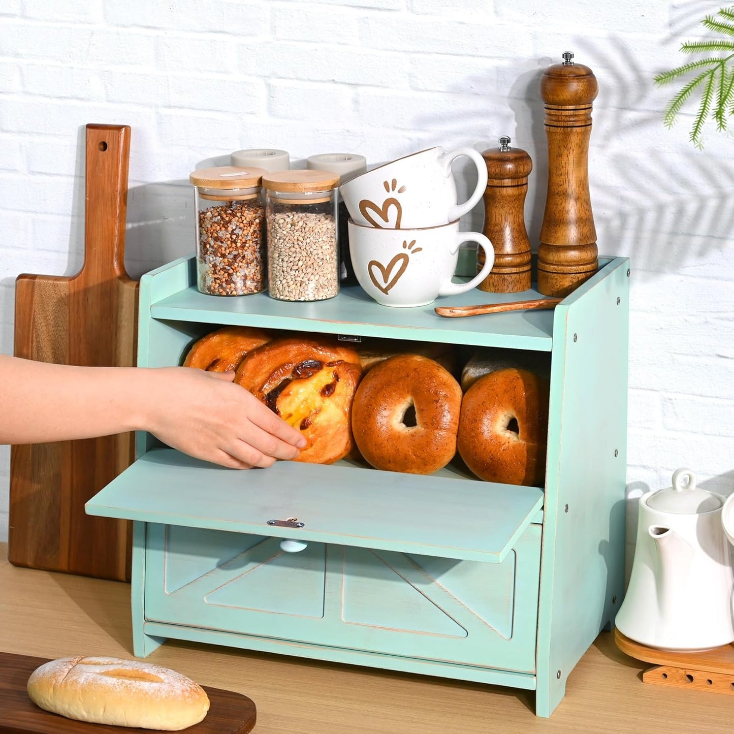 Vintage Double Layer Bread Box for Kitchen Countertop, Bamboo Bread Storage Container, Breadbox for Homemade Bread, Large Capacity Bread Bin(Green)