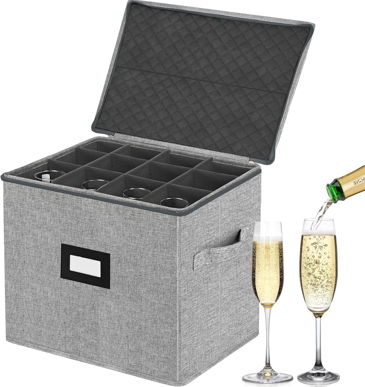 VERONLY Champagne Flute Storage Box with Dividers, Champagne Glass Storage Container, Hard Shell Stemware Storage Case Organizer for 12 Crystal Champagne Flutes Storage and Organization (Grey)
