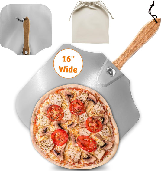 Pizza Peel 16 inch,16" Wx 18" L, Aluminum pizza peel with Foldable Wood Handle and Storage Bag, Non-perforated