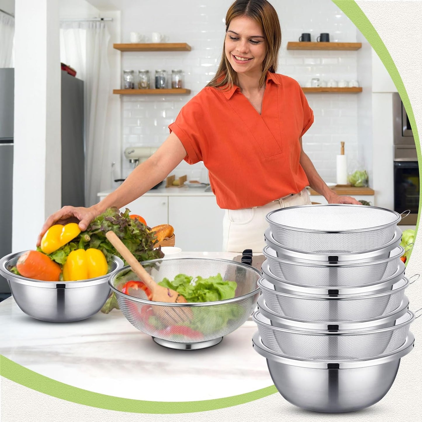 8 Pcs Stainless Steel Microporous Colander Set with 1.2qt 2qt 3qt 5qt Capacity Strainer with Metal Mixing Bowls, Fruit Cleaning Bowl with Strainer for Draining Pasta Vegetables Meat Kitchen