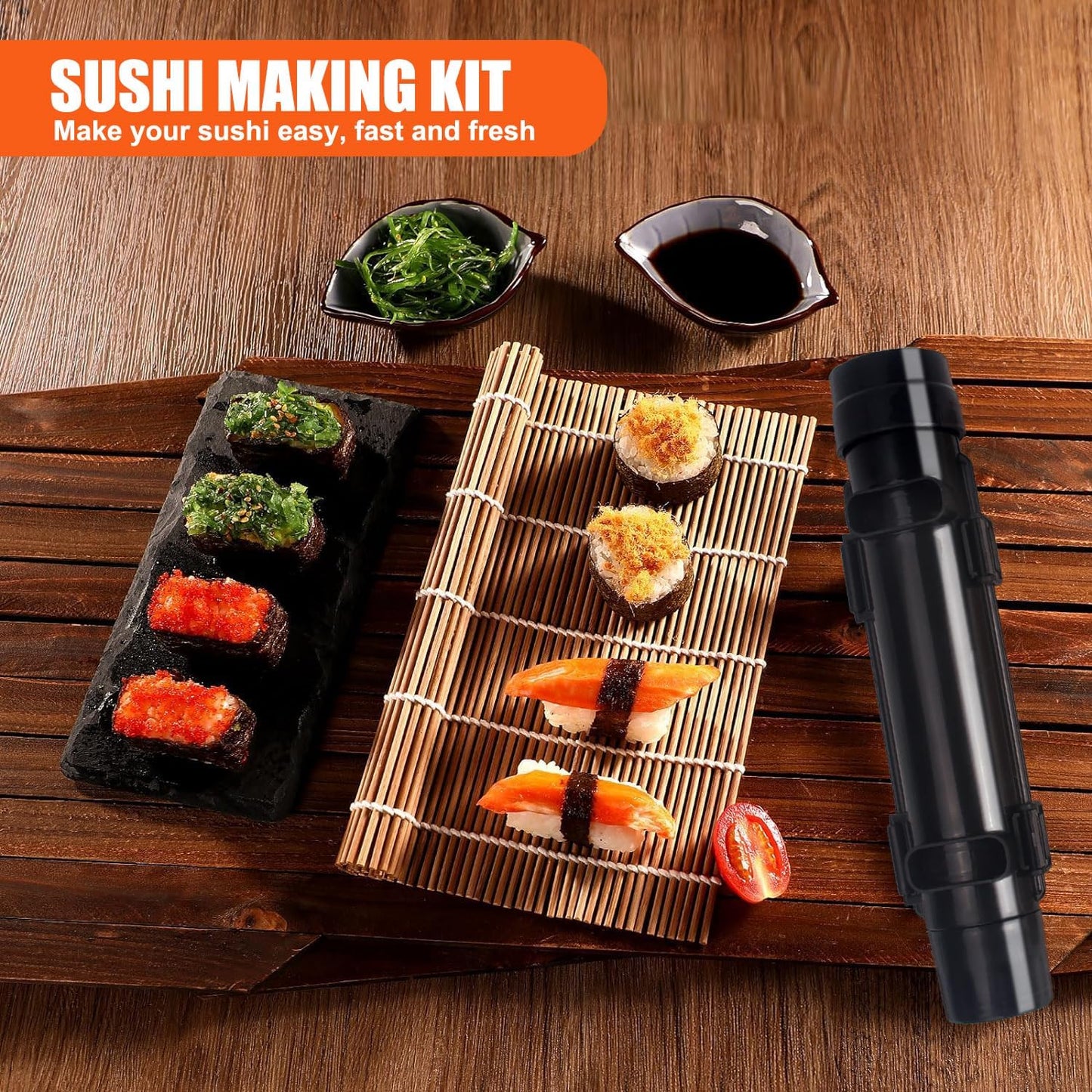Sushi Making Kit, Sushi Roller, Sushi Bazooka, Sushi Maker, Bamboo Sushi Rolling Mat for Beginners (Black)