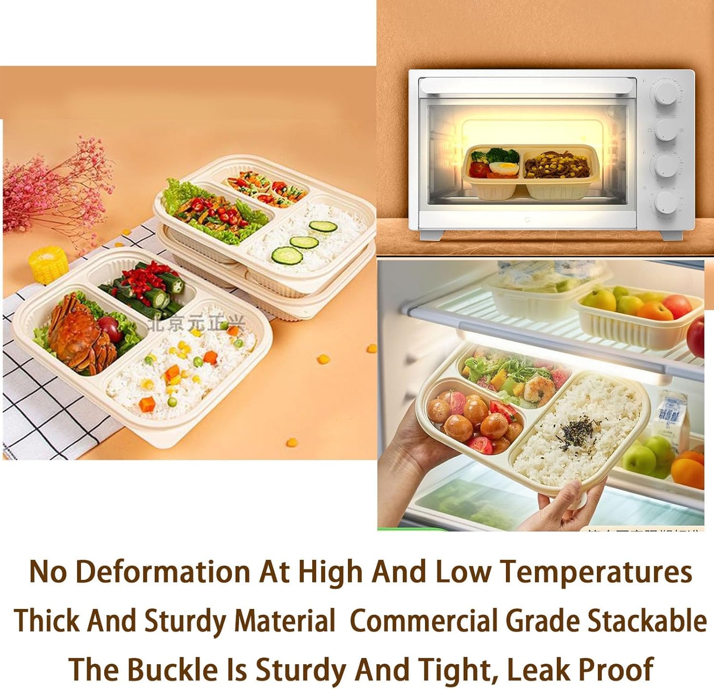 50 Pack of 3-Compartment Disposable Meal Prep Container, 36 Ounce Pre Meal Container, Food Storage Bento Box. Reusable Takeaway Container, Stackable, Microwave Refrigerator Safe.