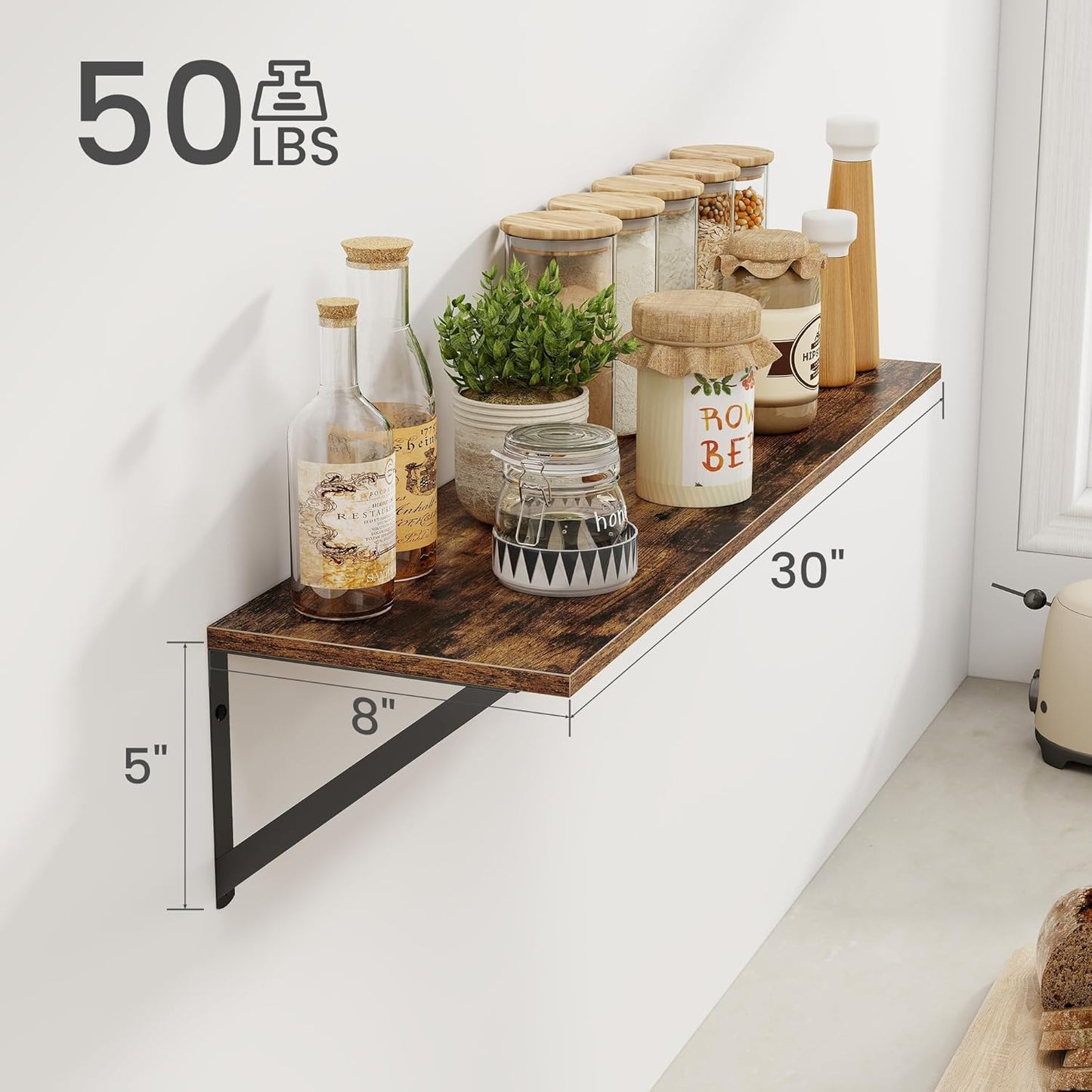 Heimlove Deep Floating Shelves for Wall, 30W x 8D Wood Wall Shelves Set of 2, Wide Floating Bookshelf for Living Room, Kitchen, Office, Bedroom and Decor Storage, with Metal Bracket - Rustic Brown