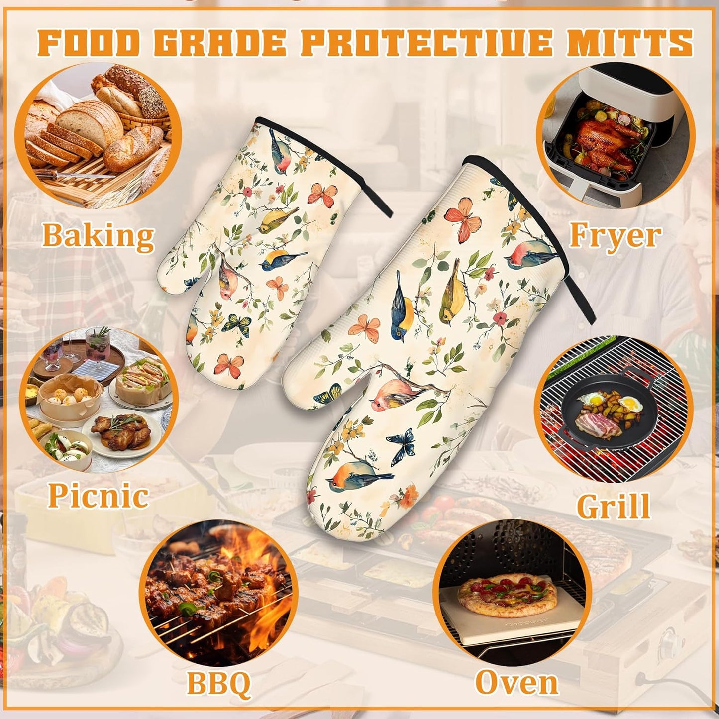 Vintage Butterfly Bird Oven Mitts and Pot Holders Set,Floral Flower Kitchen Oven Gloves and Pot Holder with Heat Resistant Non Slip for Cooking Baking Grilling(4 Piece Set)